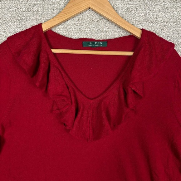 Lauren Ralph Lauren Sz L Sweater Red Ruffle V-Neck Long Sleeve Valentine Cottage - Picture 4 of 9